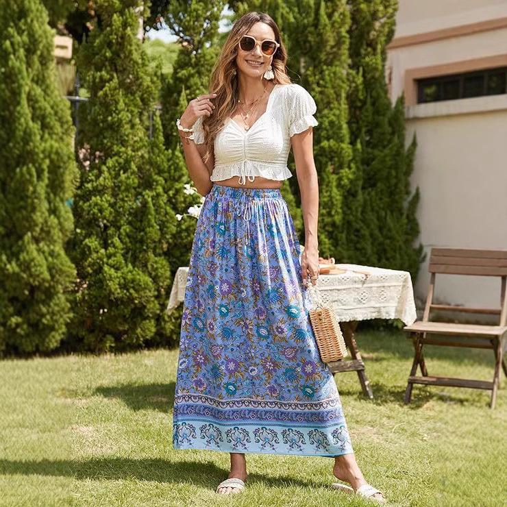 Women's 2025 Bohemian Floral Print Pleated Maxi Dress with Elastic High Waist
