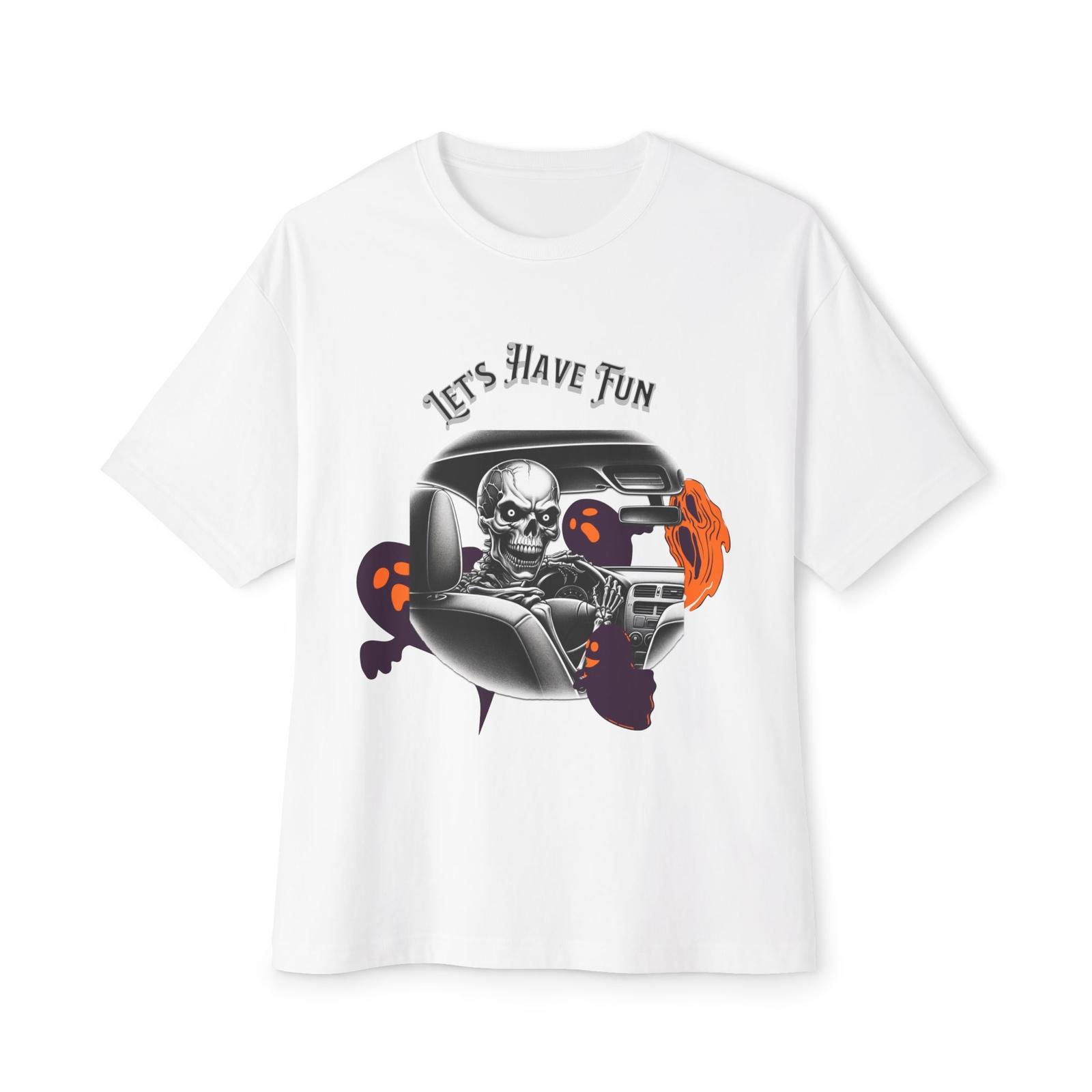 skeleton driving the car, Halloween Unisex Oversized Boxy Tee S