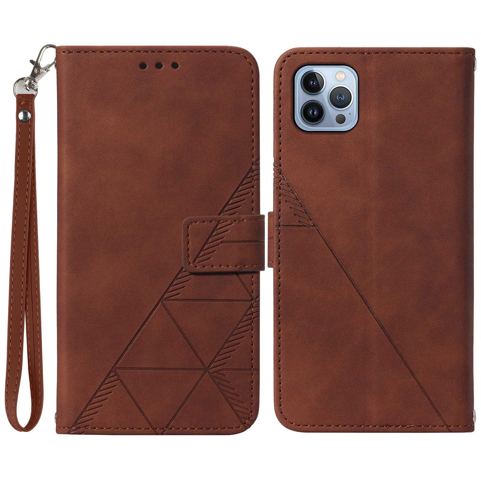 

For iPhone 15 Pro Max Leather Case with Hand Strap Wallet Stand Phone Cover Brown