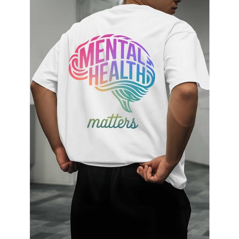 Men s Mental Health Awareness T-Shirt - Breathable Summer Tee with  Mental Health Matters  Pink & Blue Brain Print, Loose Casual Short Sleeve Shirt 2XL белый