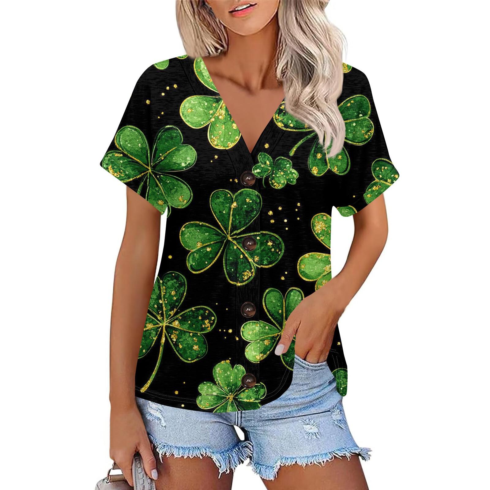 

Женская мода с коротким рукавом и V-образным вырезом St. Футболка с принтом Patrick Top Casual на пуговицах M чёрный