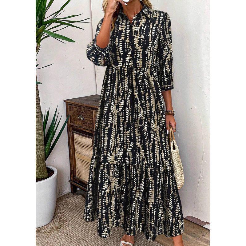 

Мода больших размеров Женское цветочное платье с длинными рукавами юбка большого размера 1 Black Stripes S