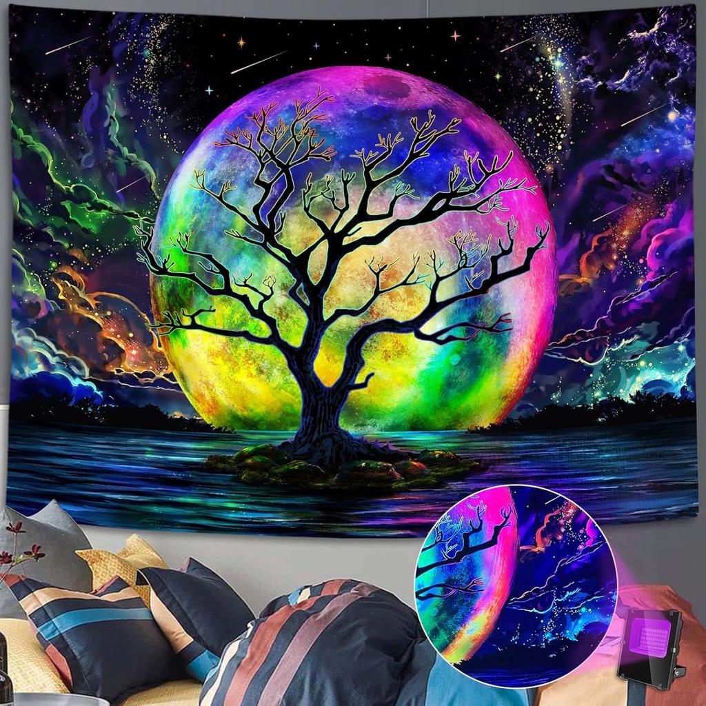 Faxdong Blacklight Moon Tapestry, UV Reactive Tree Lake Colorful Starry Night Galaxy Space Clouds Wall Tapestry for Bedroom Decor 36×48 Inch