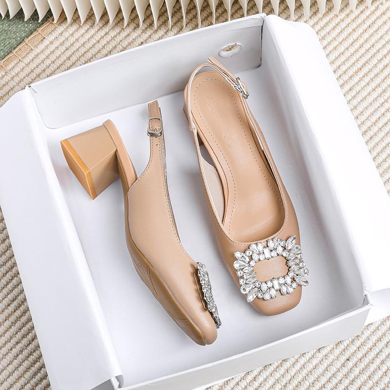 Baotou rhinestone sandals women's medium heel high heel with soft leather large size shoes
