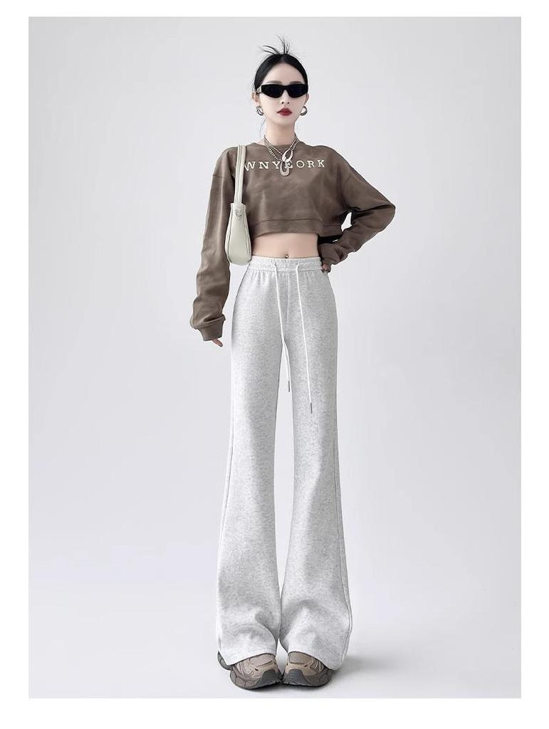 Petite High Waist Flare Sweatpants for Women - White/Grey, Slimming Horseshoe Design, Drawstring, American Style, Spring/Autumn.