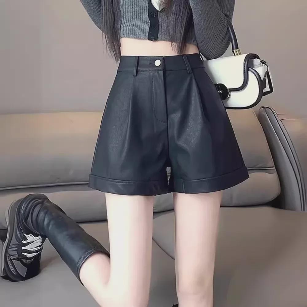 Dámské šortky z PU kůže s vysokým pasem - Slim, volný střih, široké nohavice, ležérní na jaro, podzim, zimu, americký styl.