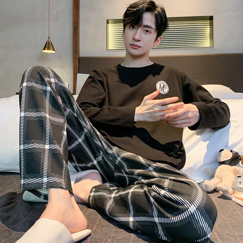 Frühlings-Baumwollpyjamas Herren Lounge Schlafbekleidung Blau Kariert Pijama Herren Morgenmantel Hauskleidung PJ Pijama Hombre