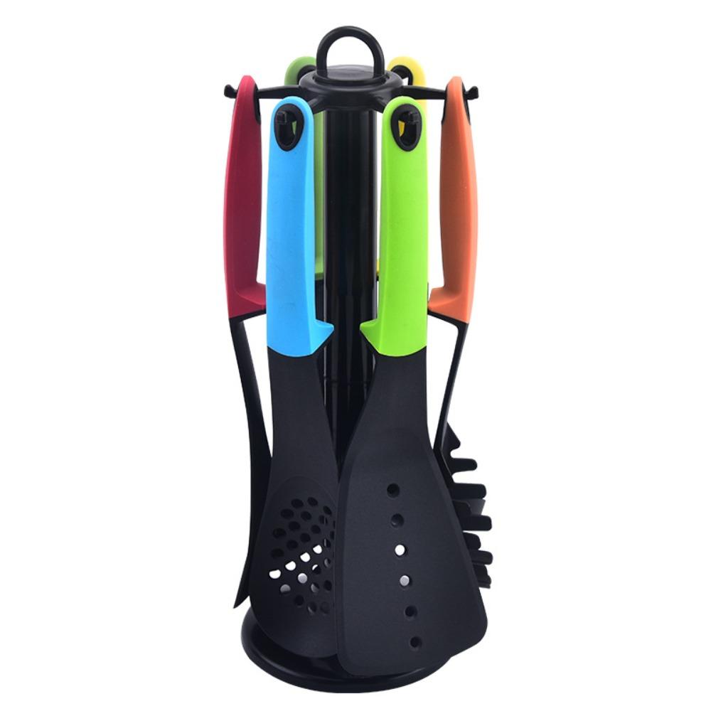 7Pcs/Set Heat-resistant Cooking Spatula Set Non Stick with Storage Rack Frying Turner Set Nylon Colorful Soup Spoon Restaurant
