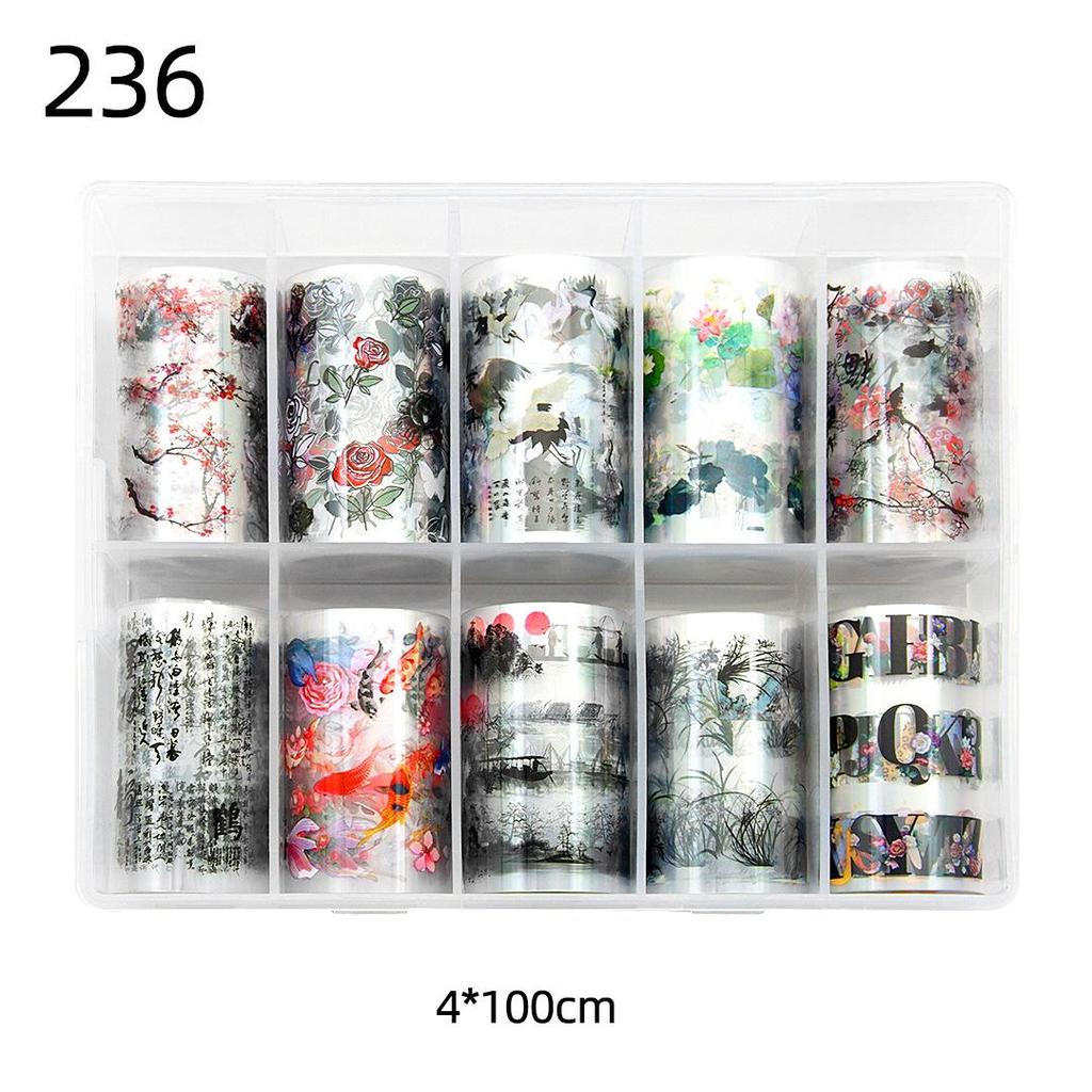 Chińskie Tuszowe Naklejki do Nail Artu: Gwieździste Niebo, Bambus, Kwiat Śliwy - 10 Wzorów