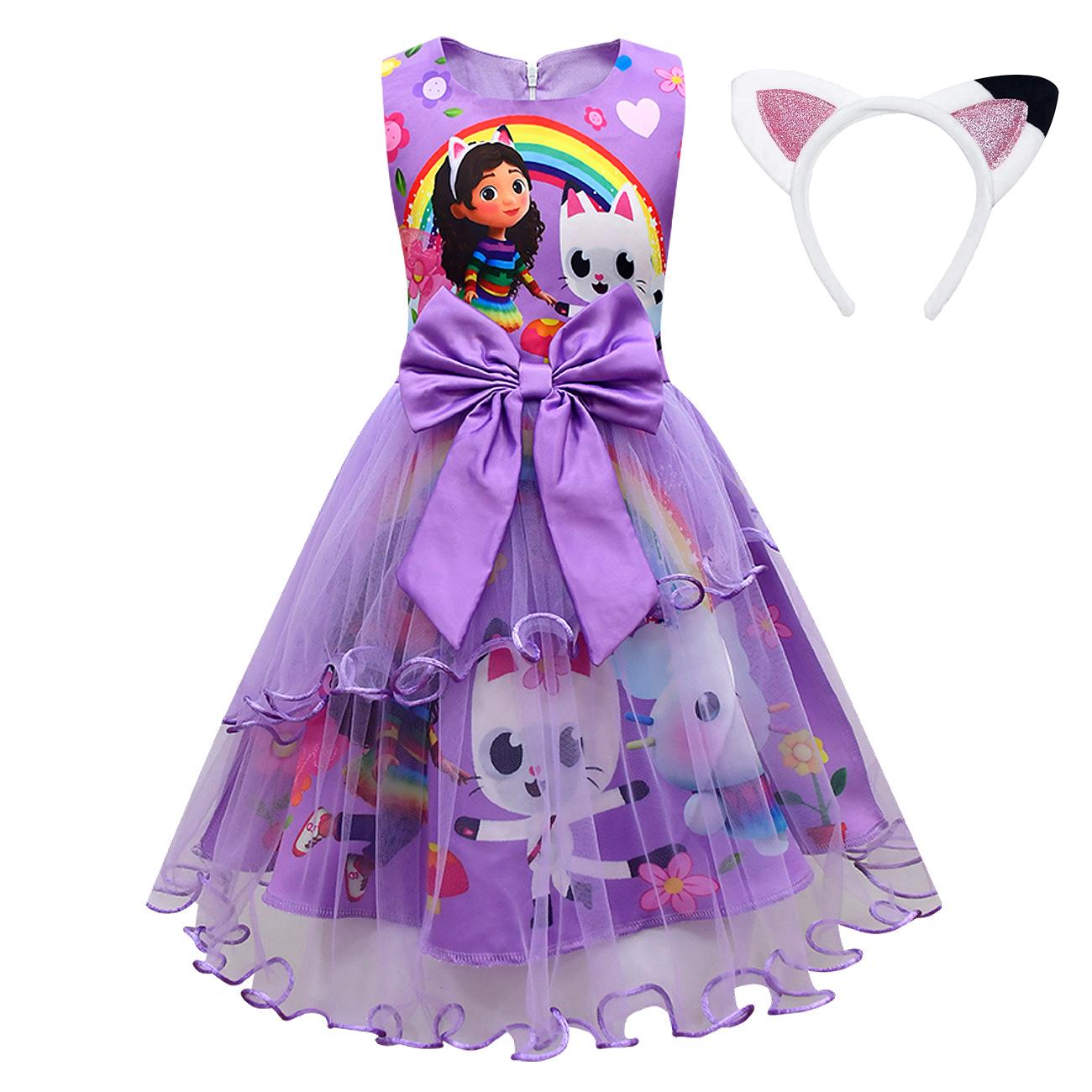 Costume Gabbys pour enfants avec Chapeau Sac Bandeau pour Cheveux G-Gabbys-Dollhouse Vêtements Robe Mercat Animaux Chat Souriant Voiture Chat Fille Gaby Robe 130(7-8Years) purple