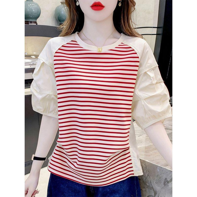 

Women s Summer Short-Sleeve T-Shirt 2026 New Design for Petite Figures, Unique Striped Patchwork Shirt-Style T-Shirt, Stylish Top Red Stripes L