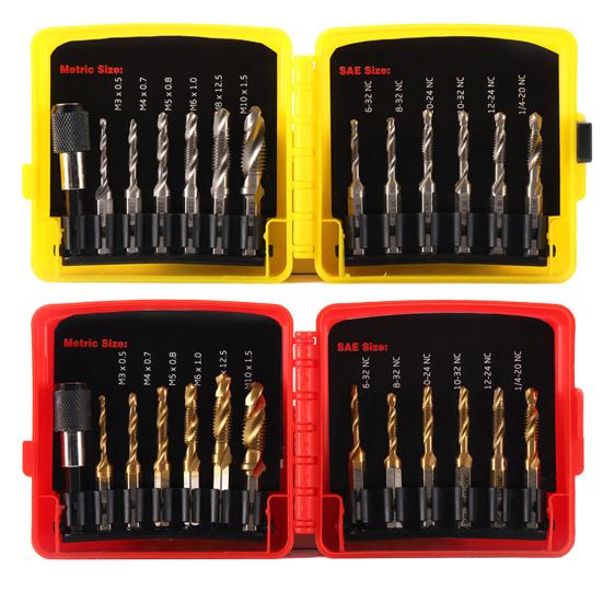 13ks/Sada SAE Metrická Sada Závitníků se Skladovacím Pouzdrem Velmi Odolná Rychlořezná Ocel Šestihranná Stopka Kombinovaný Vrták Závitník Sada
