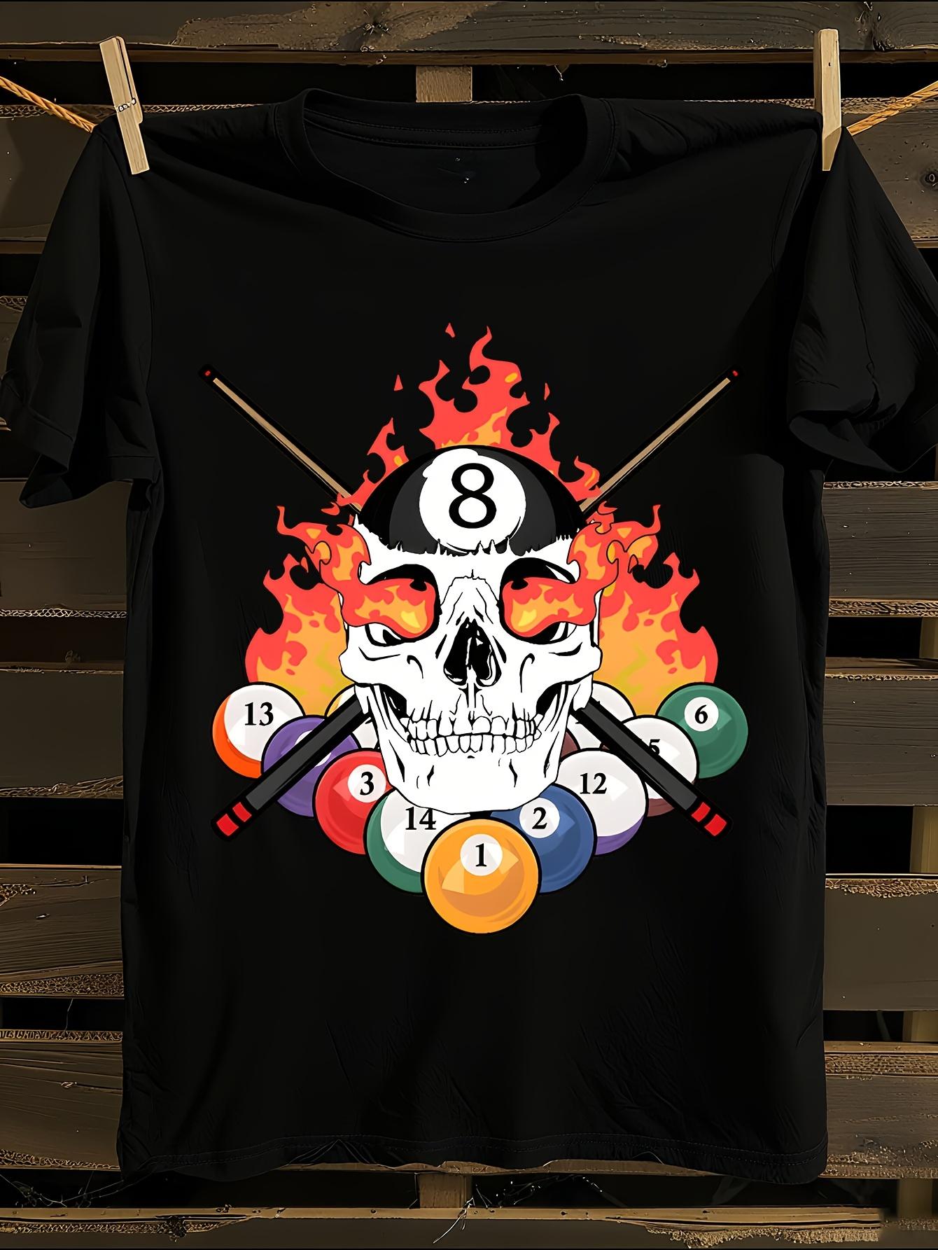 Skull Pool Balls 8- Flame Graphic Tshirt M