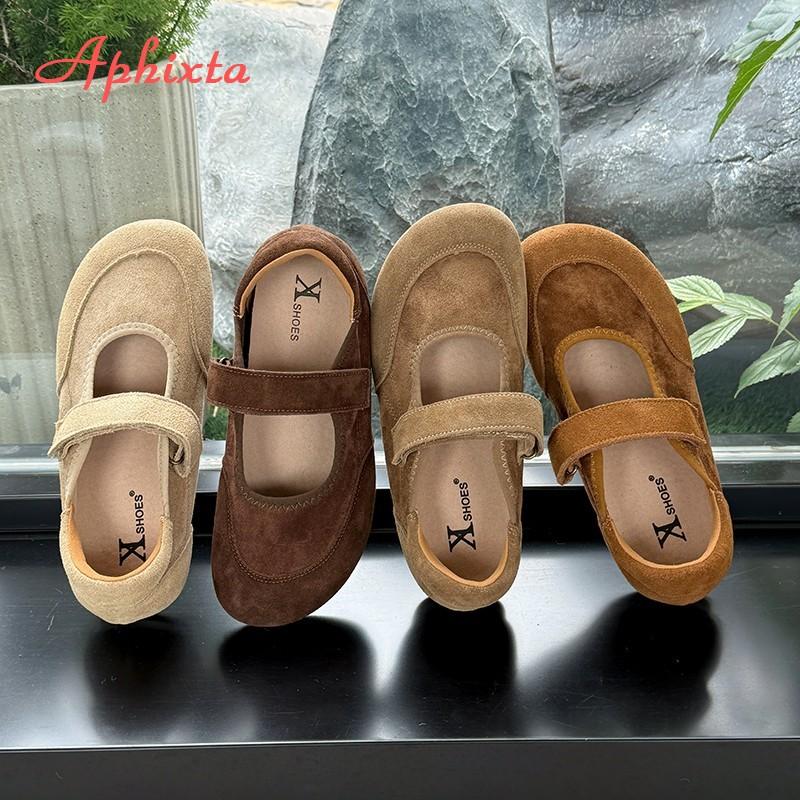 Fashion Aphixta New Flat with Mary Janes High Quality Cow Suede Flats Hook Loop Flat Shoes Women Shallow Concise Round Toe Ladies Shoes