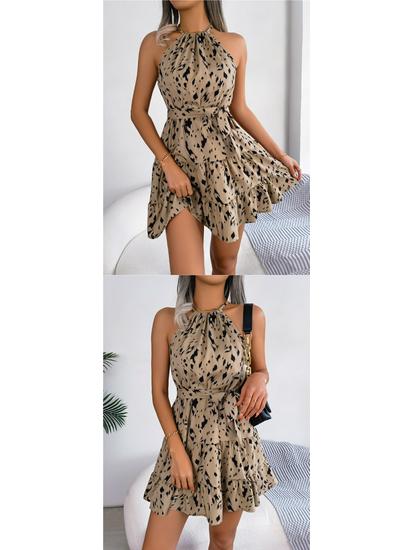 Leopard Print Ruffled Hem Halter Dress