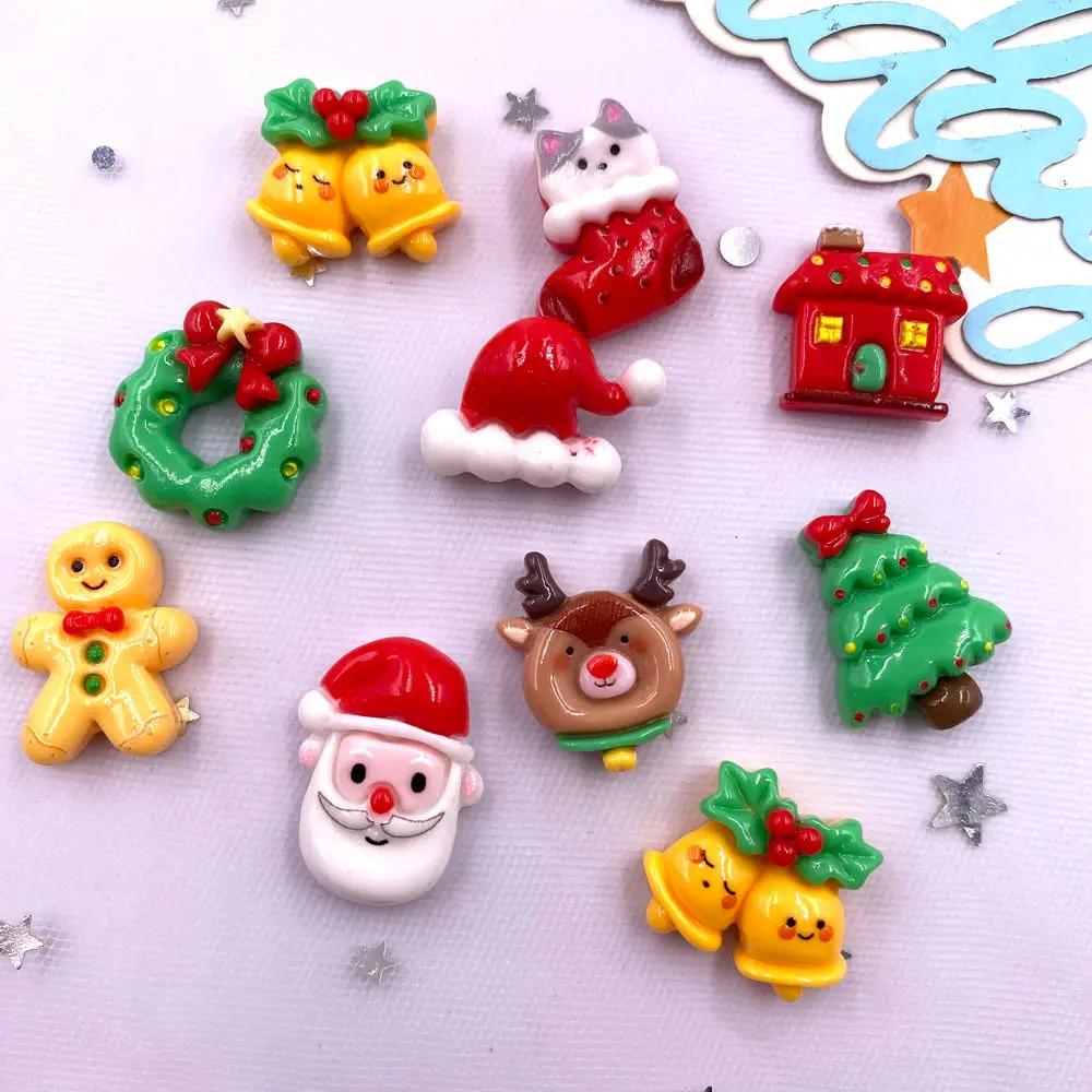 10PCS Resin Colorful Christmas Tree Deer Biscuit Man Cat Gift Box Flatback Stone Cartoon Christmas Figurines Scrapbook DIY Decor
