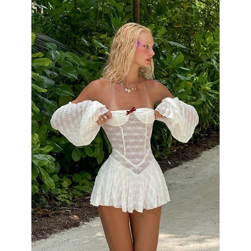 French Sexy Lace Cut Out Fairy Dress Casual Vacation Style Dress Short Skirt Waist-Tight Slim Fit Skirt Slim Looking White