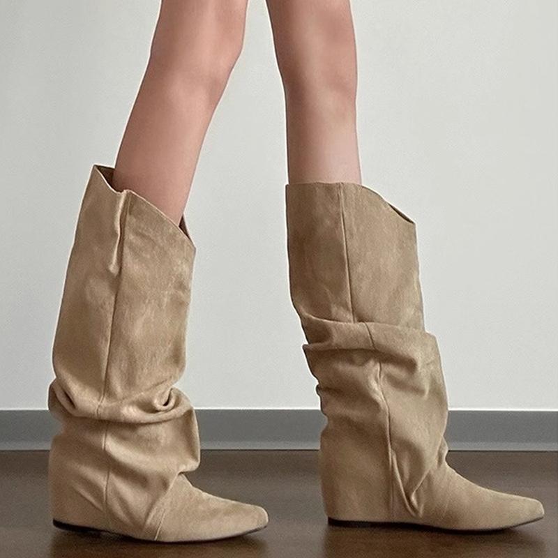 Fashion Autumn Winter Pleated Women Western Cowboy Boots Internal Elevation Knight Booties Zapatos De Mujer