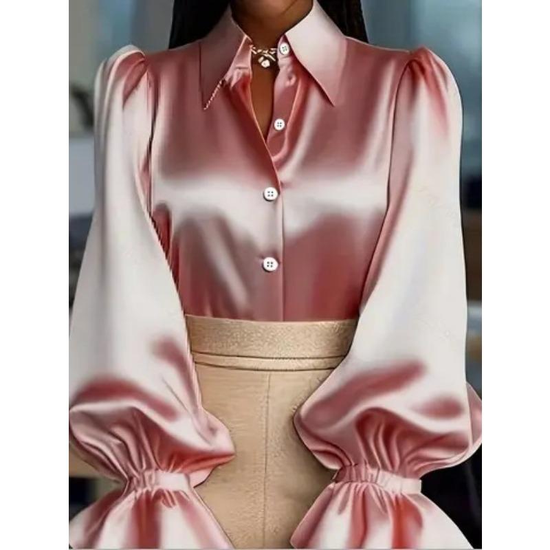 Women Solid Color Puff Sleeve Long Sleeve Turn Down Collar Commute Satin Shirt