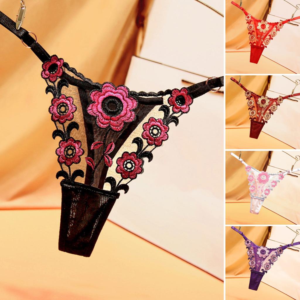 2 Pcs Women Thong Floral Embroidery See-through Lace Briefs