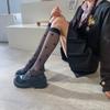 Spring Thin Ladies Black Jacquard Love Calf Socks, Japanese Jk Style Knee Socks Lolita Silk