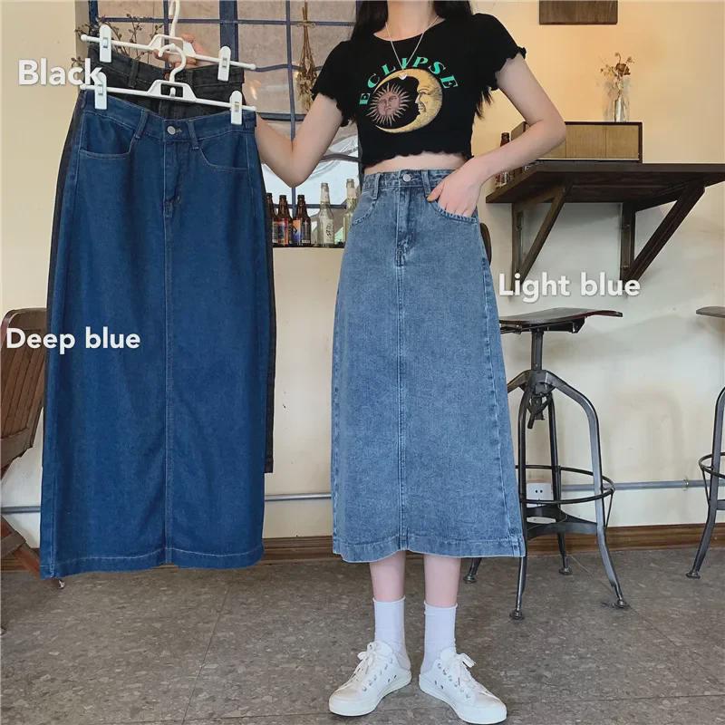 2022 Summer Women's High-Waist A-Line Denim Skirt, Medium-Length, Large Size, Korean Style.