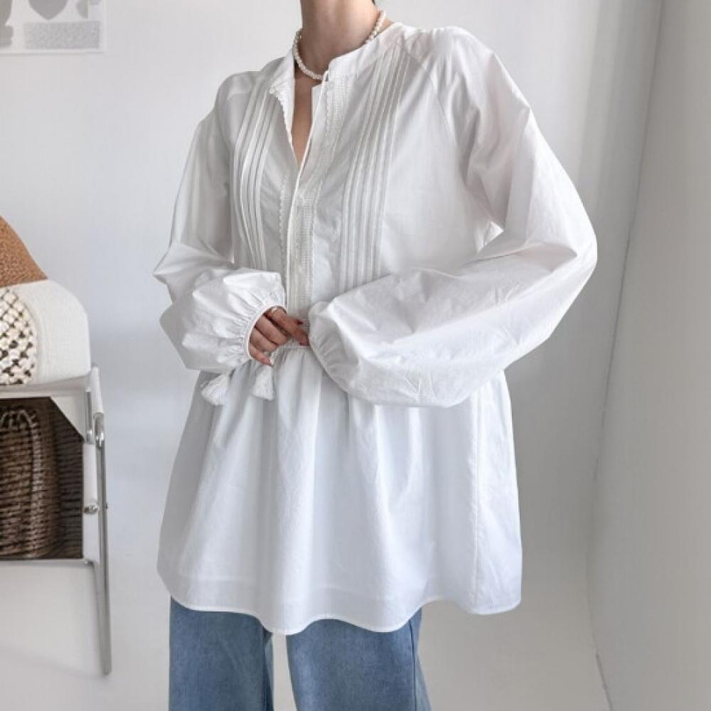 New Arrivals Open Run Pintuck Dress Balloon Long Sleeve Cotton Blouse