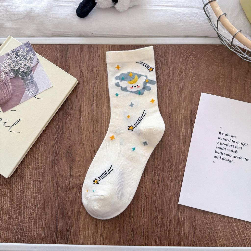 Women's Cute Puppy Mid-Calf Socks - Spring/Summer Academy Style with Japanese Cartoon Star Design - Korean Student Cotton Socks