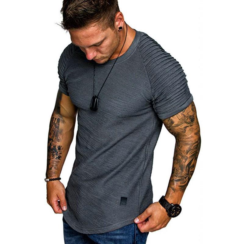 European & American Men's Slim Fit Crew Neck Pleated T-Shirt - Solid Color, Casual Short Sleeve
