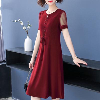 Solid Chiffon Dress Women's Loose Short Sleeve Medium Length Dress Summer Casual Mom's Dress A-line Dress Fashion