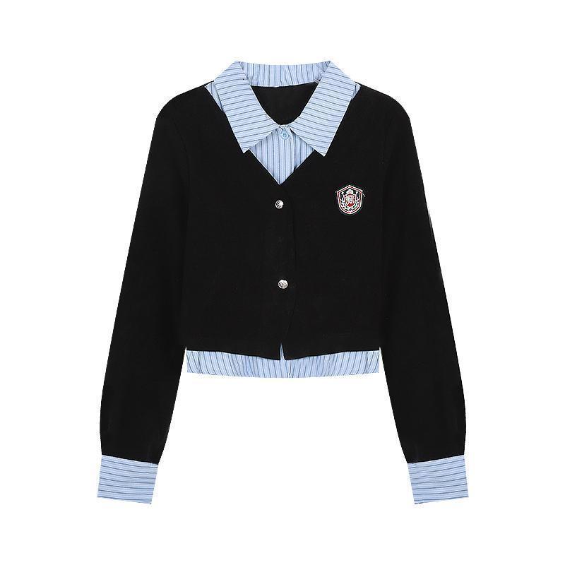 

Поддельная рубашка из двух частей в студенческом стиле для женщин с короткими лацканами, контрастная полосатая блузка, корейский женский универсальный модный топ S