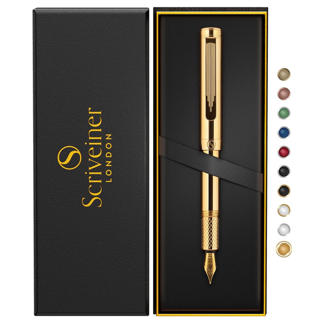 Scriveiner Fountain Pen Luxury Heavyweight Pocket Pen with 24K Gold Schmidt Converter Best EDC Writing Pen Gift Set for Men and Beautiful and Stylish