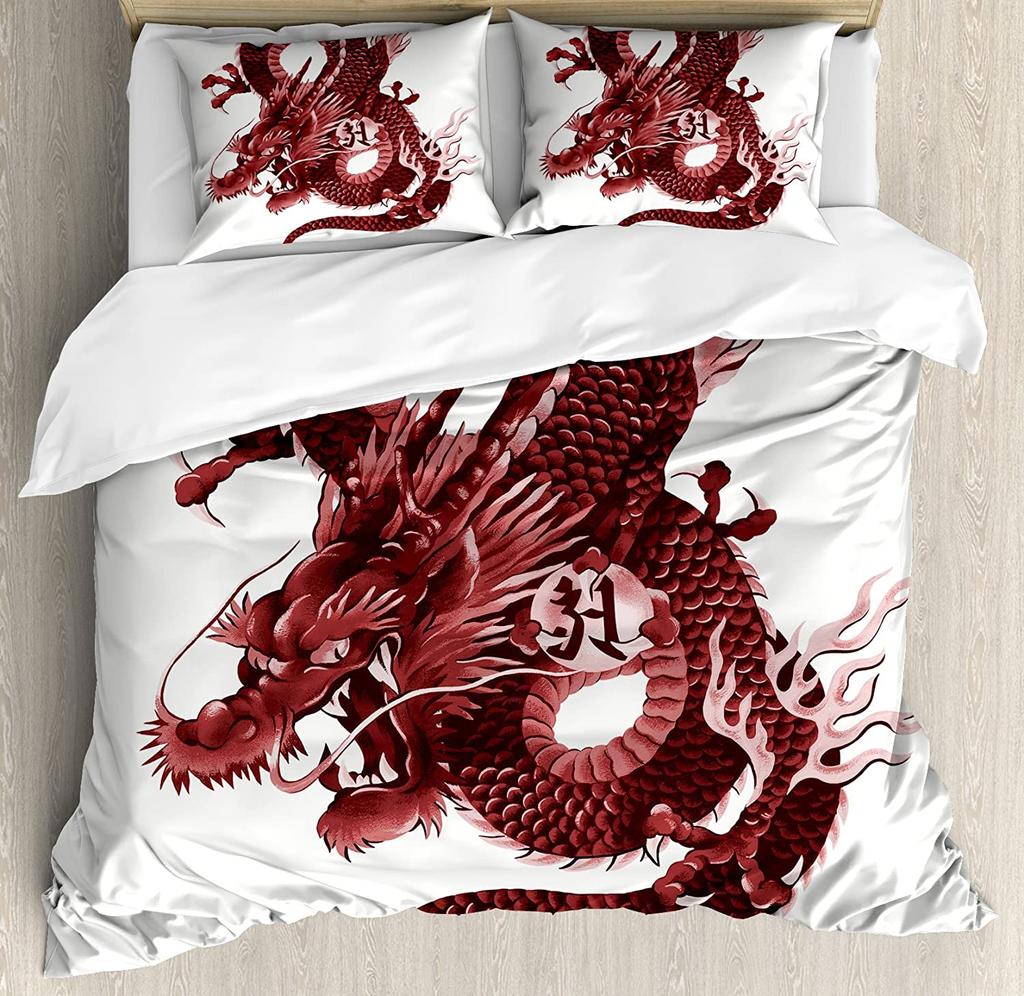 Japanese Dragon Bedding Set For Bedroom Bed Home Tribal Tattoo Style Asian Indigenous Cre Duvet Cover Quilt Cover And Pillowcase
