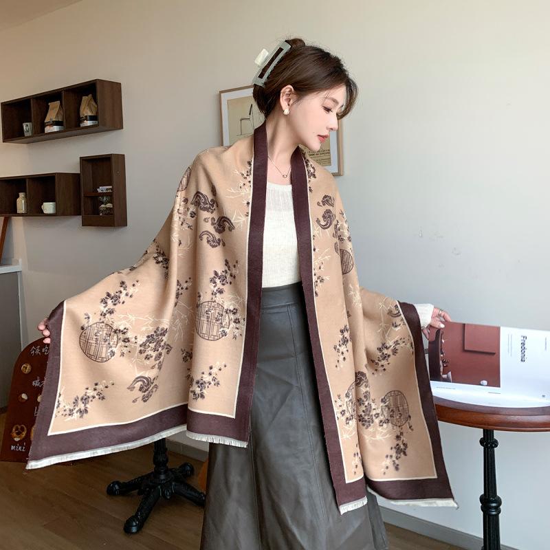 Winter Double-sided Imitation Cashmere Air Conditioning Shawl Dual-purpose Warm Scarf New Chinese Style Printed Scarf for Women Autumn