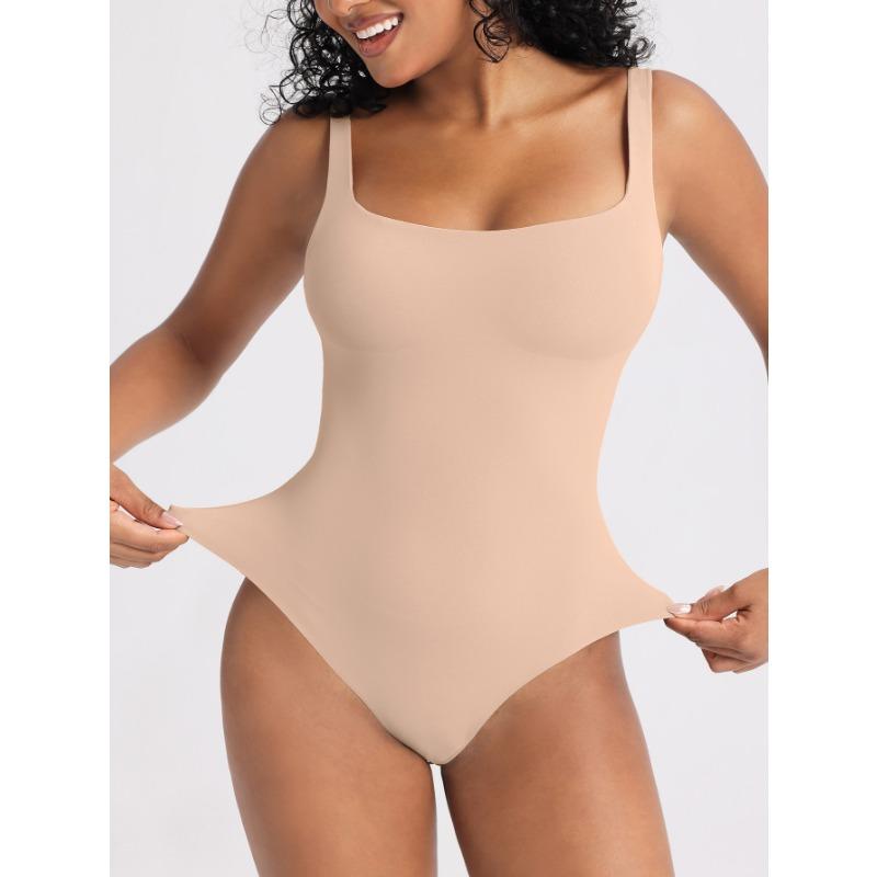 Women High Waist Double Layer Tummy Control U Back Solid Bodysuit