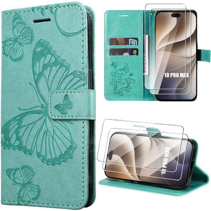 Coque pour iPhone 18 Pro Max, Protection Synthécuir Antichoc Motif Papillon Vert - 2 Verres Trempés