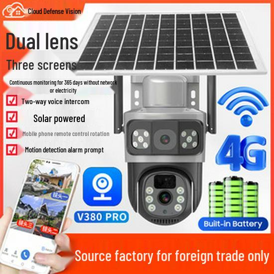 Panorama-Solarkamera mit Dual-Bildschirm, 4G, Triple-Objektiv, 10x Zoom & Überwachung mit Akku mit geringem Stromverbrauch