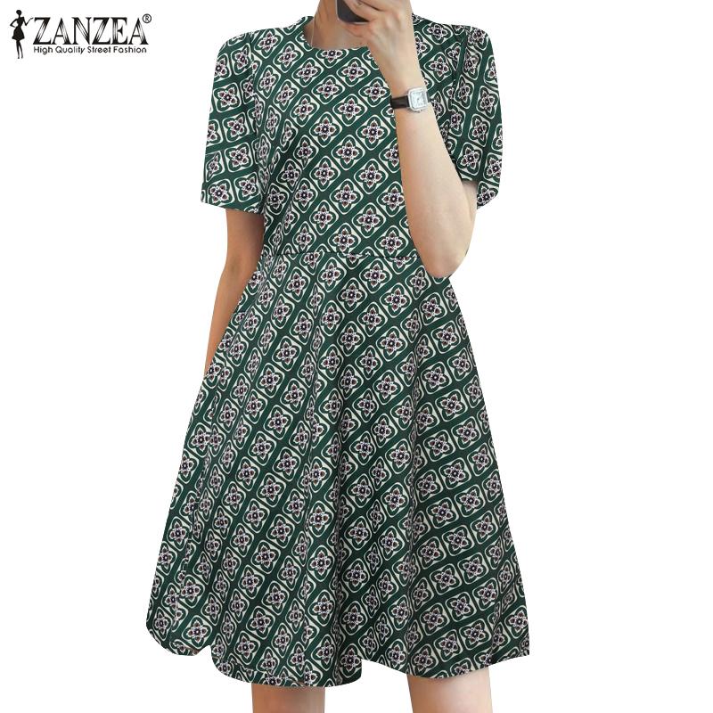 

ZANZEA Женское повседневное летнее платье трапециевидной формы с коротким рукавом и круглым вырезом