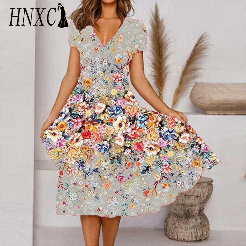HNXC Übergröße V-Ausschnitt Midi-Kleid Kurzarm Hoher Saum Lässig Bunt Blumendruck Kleid