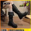 Leather pleated pile boots two wear brown boots women 2025 thick sole but knee small tall knight boots