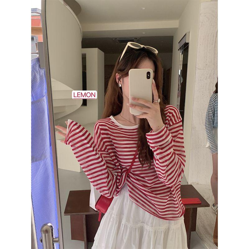 

The Lemon Summer Thin Stripes Sun Protection Sweater Women s Korean Style Preppy Style Youthful-Looking Loose Pure Desire Blouse Red All yards