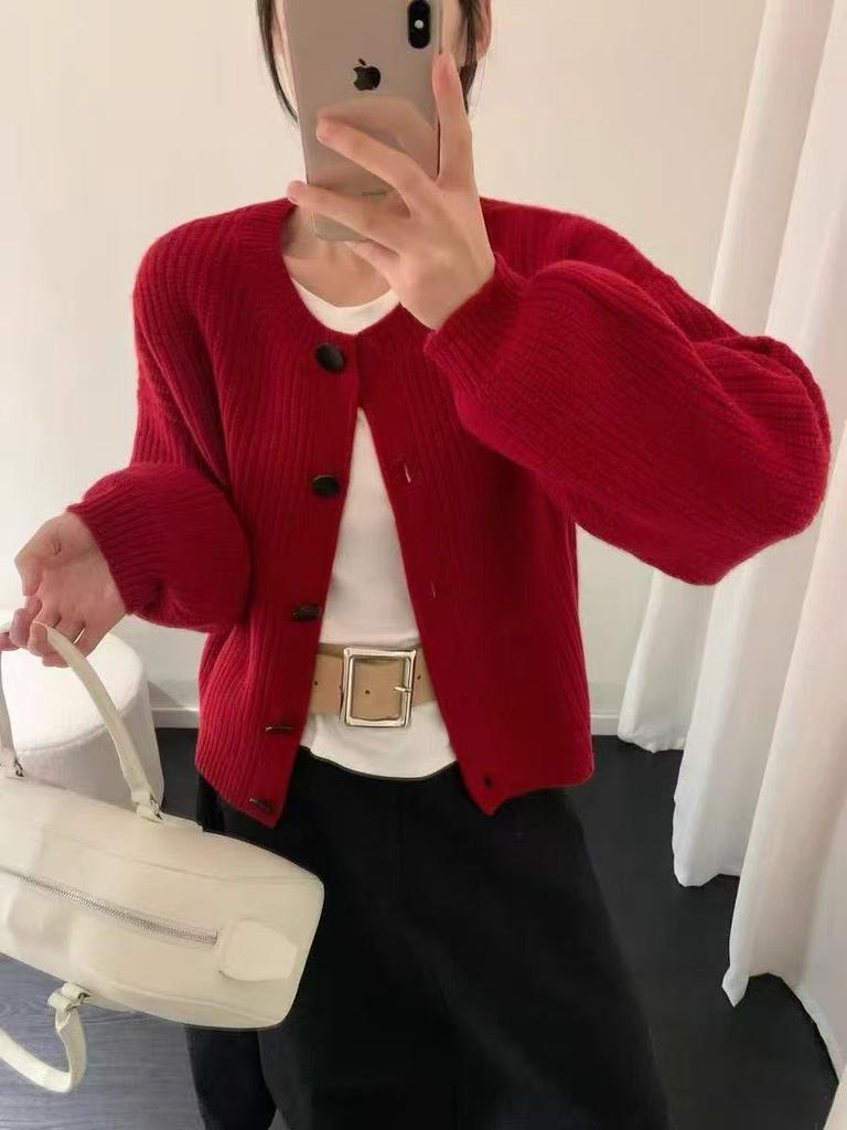 Autumn/winter new round neck single-breasted long-sleeve simple casual knit cardigan, lazy style sweater, thick jacket for women