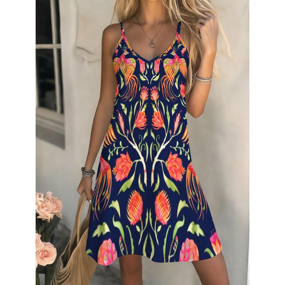 Women's Casual Bohemian Style, Summer Deep V-Neck Spaghetti Strap Midi Dress