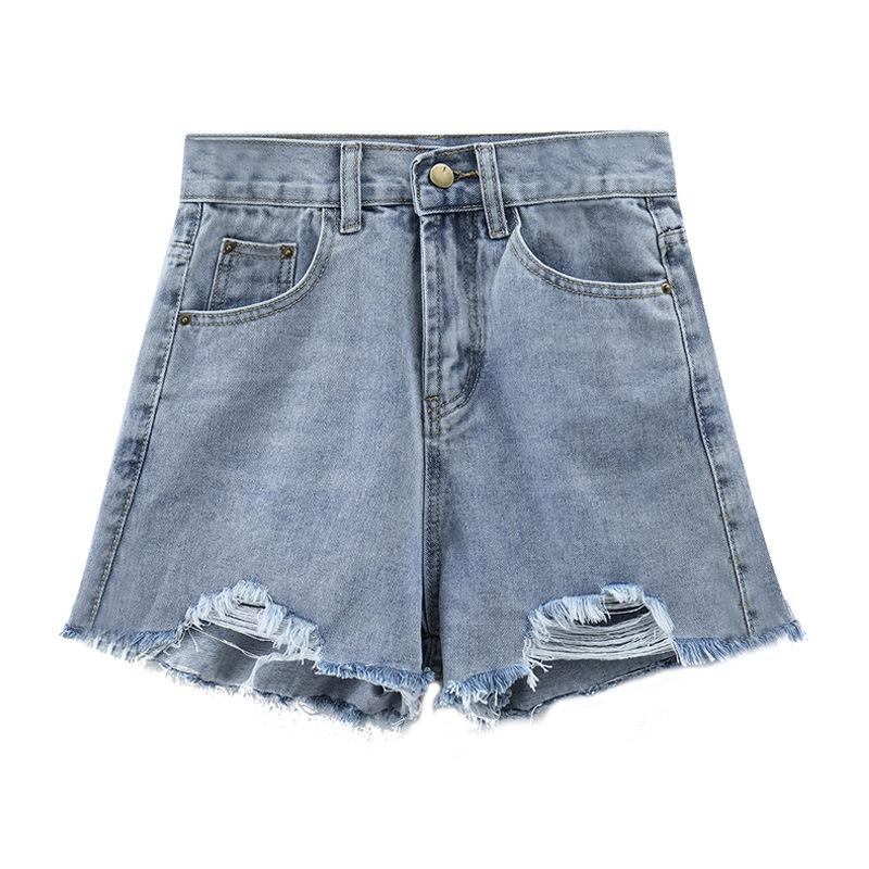 Classic and Minimalist Fashion Versatile Broken Holes Female Summer High Waist Thin Thin Section Loose A-line Denim Shorts Individuality Trendiness