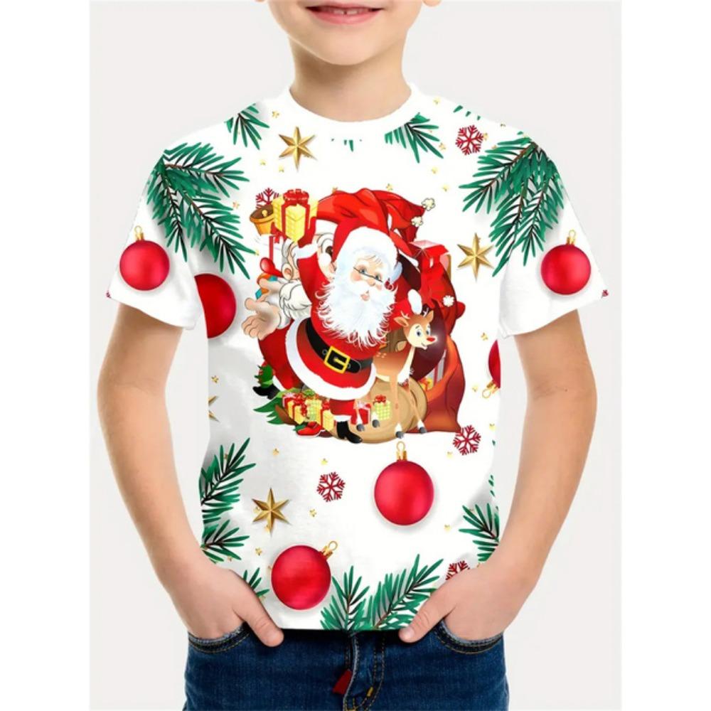 

Різдвяна футболка з 3d-принтом Діда Мороза, дитячий одяг для хлопчиків, з короткими рукавами, повсякденний дитячий одяг, модна футболка для хлопчиків 160CM