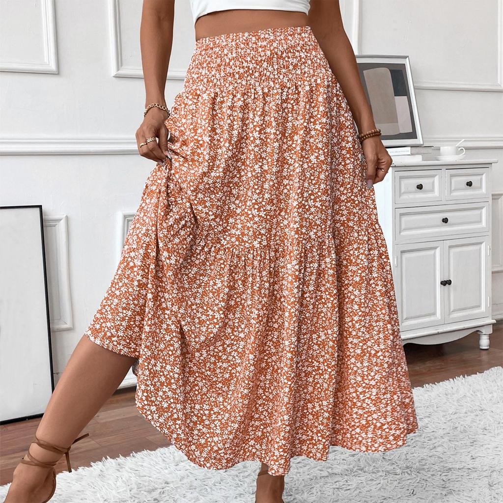 Women's Fashion Pleated Floral Print Elastic Waist Loose Splicing A Line Skirt