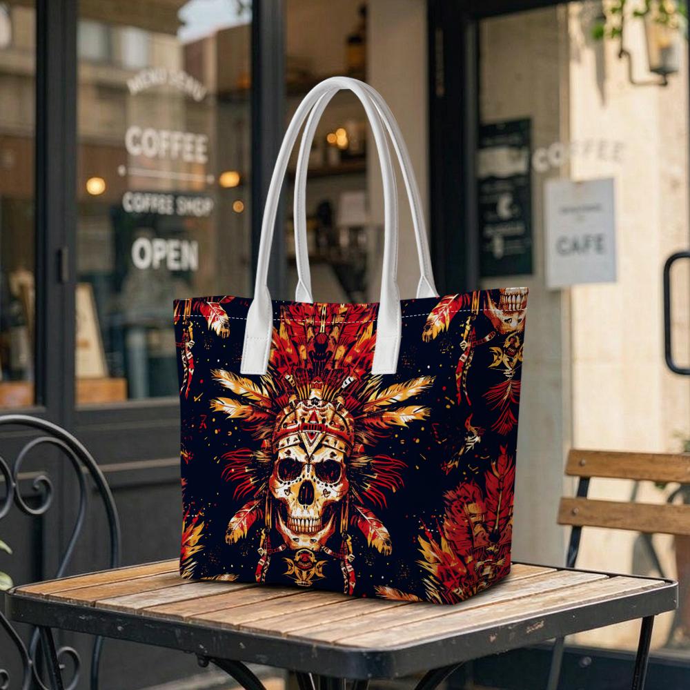 Tribal Skull Print Casual Daily Tote Bag Large Capacity Lightweight Carry Handbag
