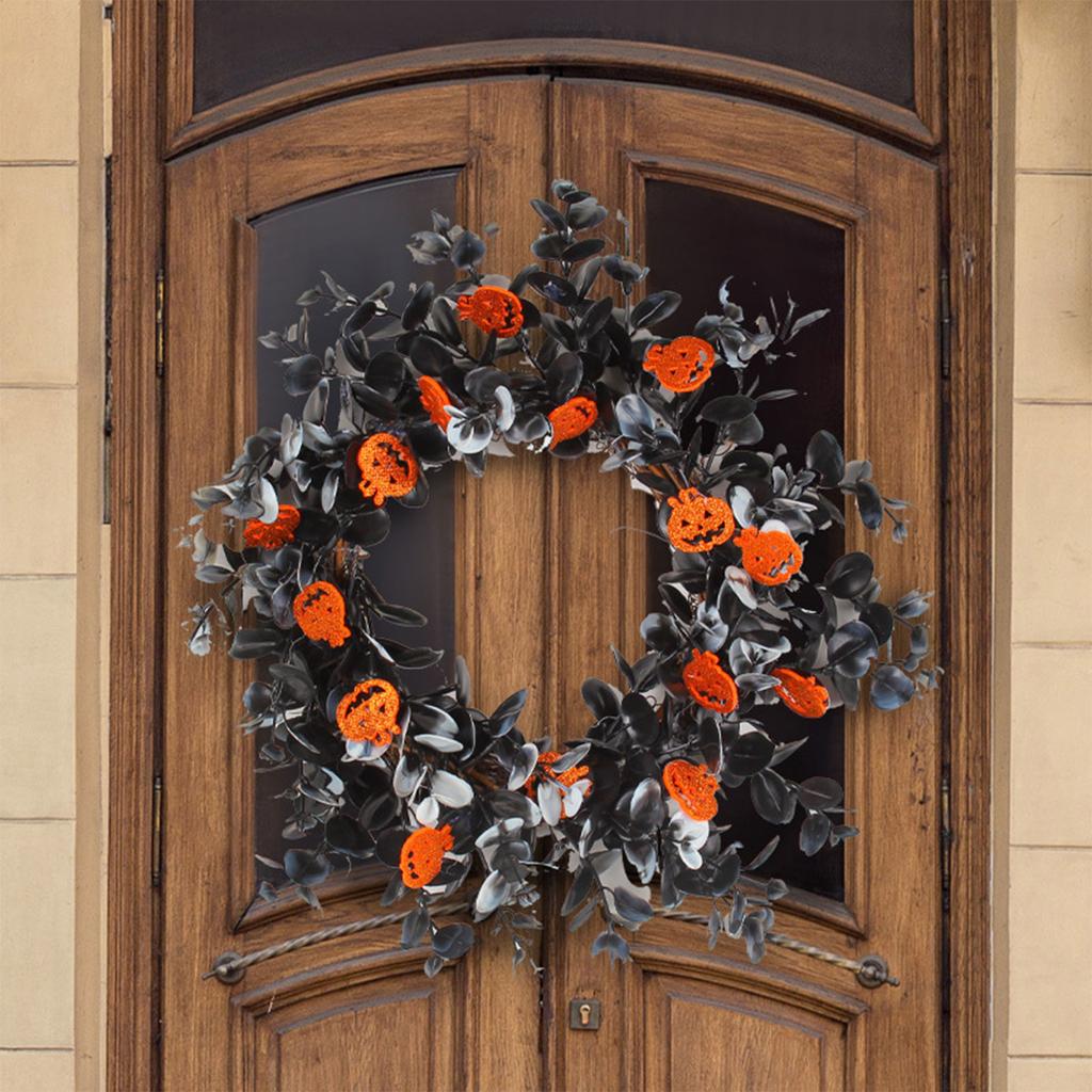 12 Inch Halloween Decorations Wreath with Pumpkin Dead Branches Front Door Wreath Outdoor Window Wreath Decor