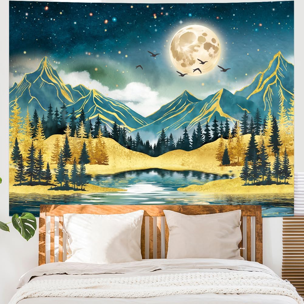 Watercolor Mountain Tapestry Starry Moon Night Tapestries Forest Trees Wall Tapestry Aesthetic Nature Landscape Wall Hanging