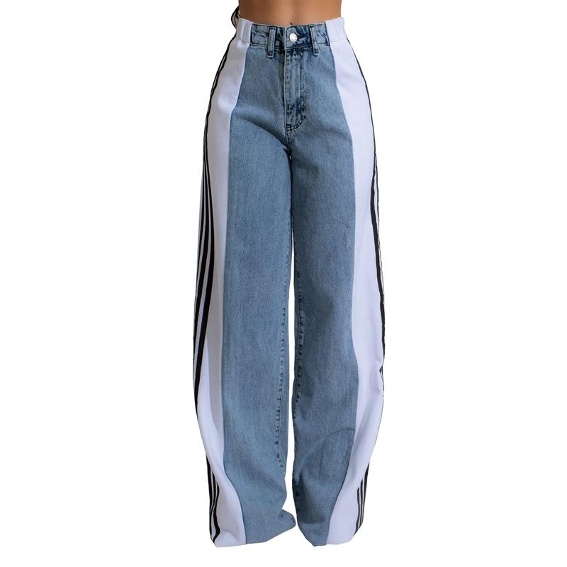 High Waisted Denim Women's Drawstring Elastic Waist, Loose Elastic Denim Straight Leg Pants